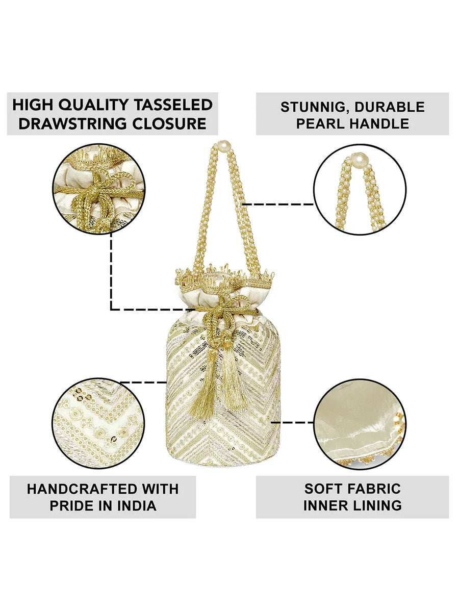 Cream potli bag named Handcrafted Ethnic Potli Purse, featuring artificial beads detailing and soft fabric texture | Peora
