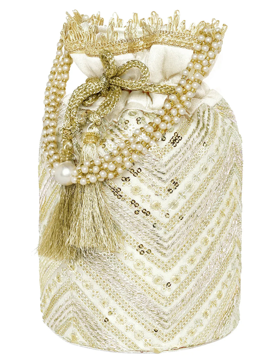 Cream potli bag named Handcrafted Ethnic Potli Purse, featuring artificial beads detailing and soft fabric texture | Peora
