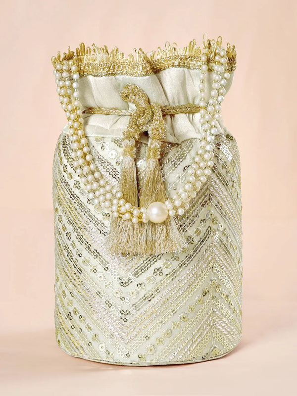 Cream potli bag named Handcrafted Ethnic Potli Purse, featuring artificial beads detailing and soft fabric texture | Peora
