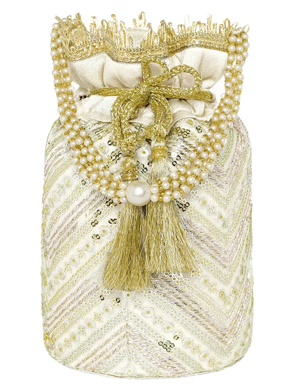 Cream potli bag named Handcrafted Ethnic Potli Purse, featuring artificial beads detailing and soft fabric texture | Peora
