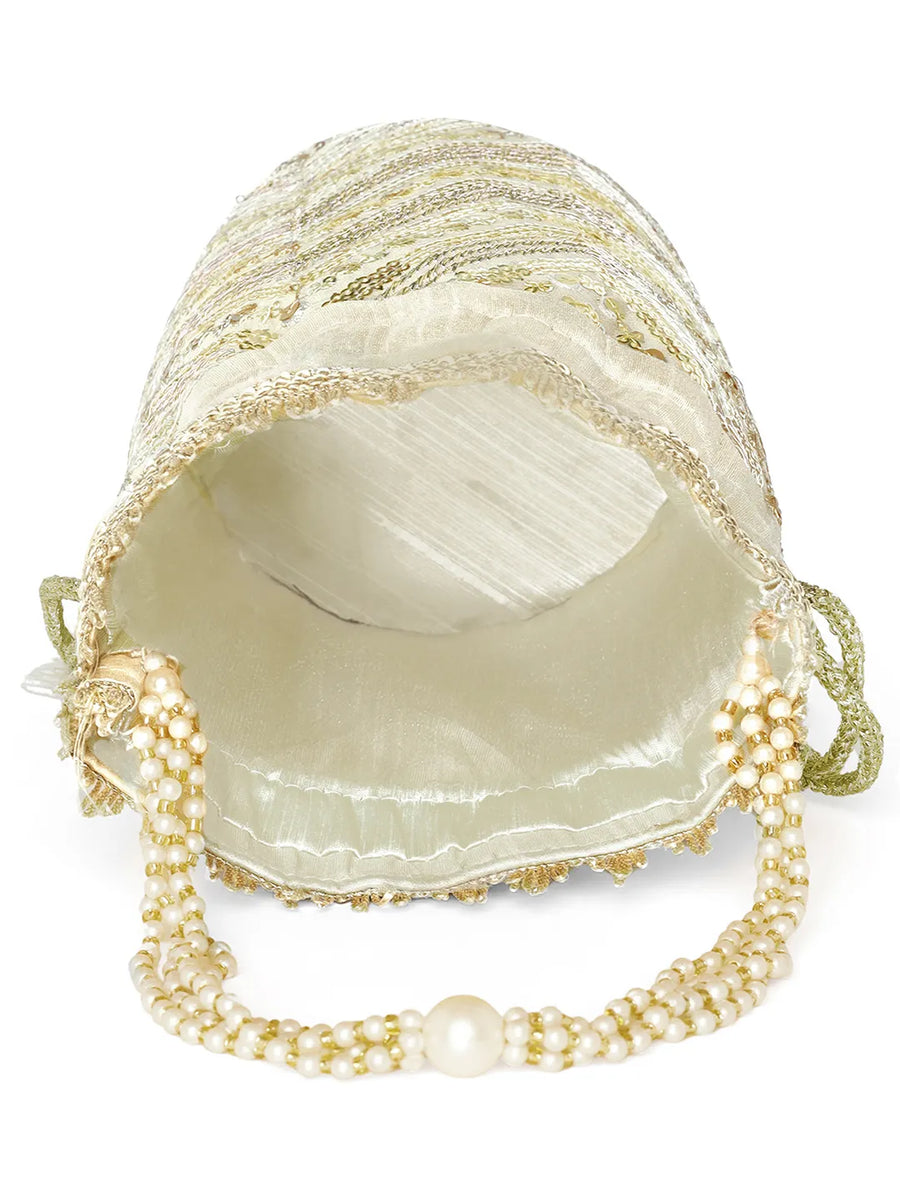 Cream potli bag named Handcrafted Ethnic Potli Purse, featuring artificial beads detailing and soft fabric texture | Peora

