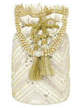 Cream potli bag named Handcrafted Ethnic Potli Purse, featuring artificial beads detailing and soft fabric texture | Peora

