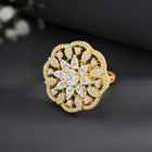 Regal Radiance Statement CZ Ring by Peora. Gold-plating adjustable ring, geometric floral pattern with cubic zirconia.