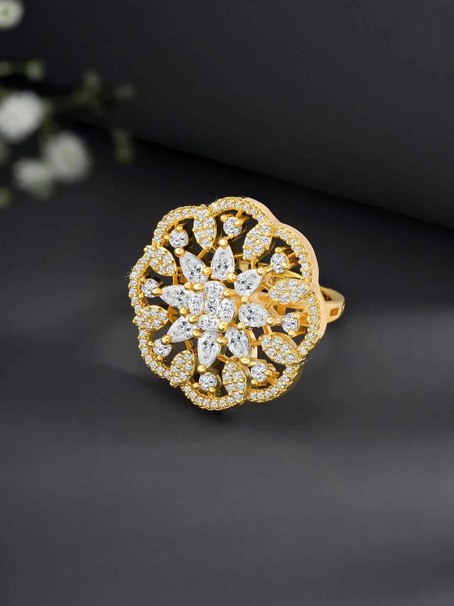 Regal Radiance Statement CZ Ring by Peora. Gold-plating adjustable ring, geometric floral pattern with cubic zirconia.