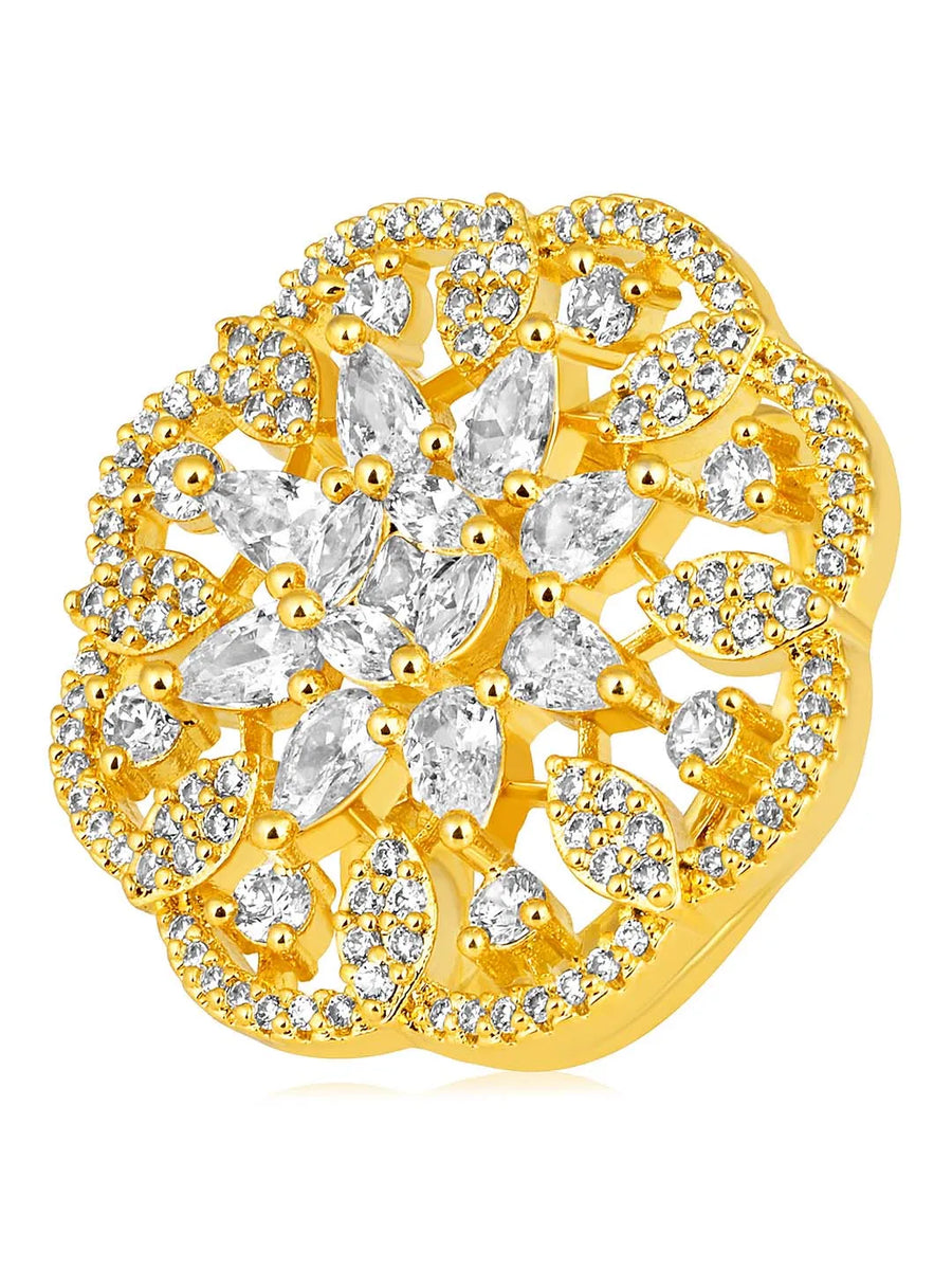 Regal Radiance Statement CZ Ring by Peora. Gold-plating adjustable ring, geometric floral pattern with cubic zirconia.