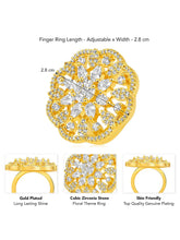 Regal Radiance Statement CZ Ring by Peora. Gold-plating adjustable ring, geometric floral pattern with cubic zirconia.