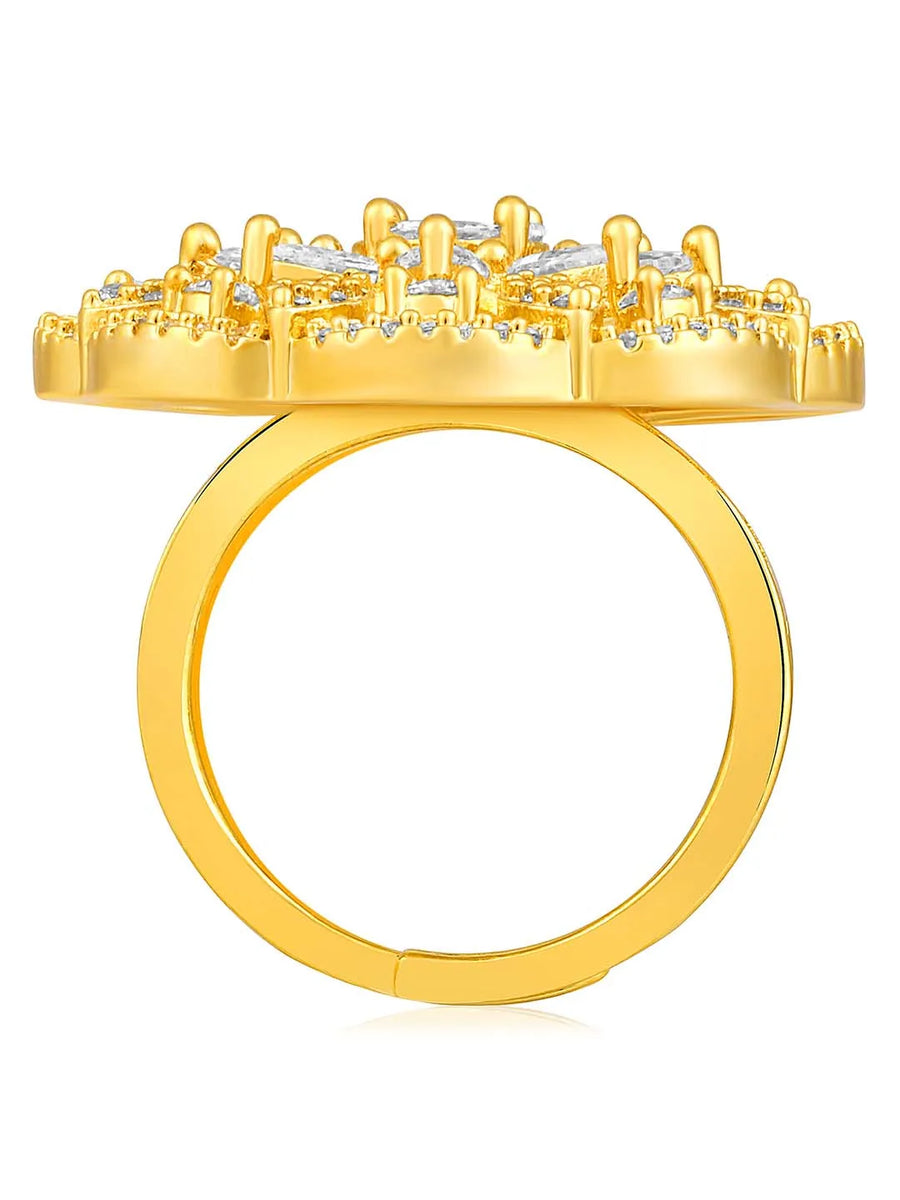 Regal Radiance Statement CZ Ring by Peora. Gold-plating adjustable ring, geometric floral pattern with cubic zirconia.