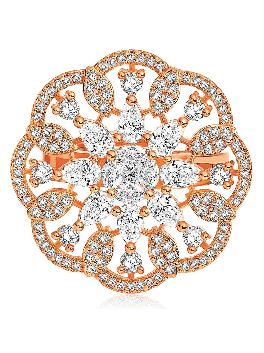 Regal Radiance Statement CZ Ring by Peora. Rose gold-plating adjustable ring, geometric floral pattern with cubic zirconia.