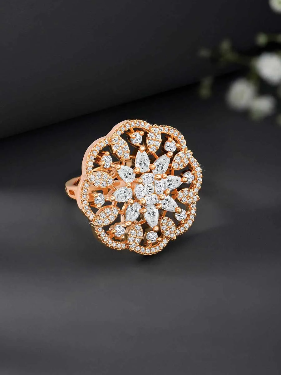 Regal Radiance Statement CZ Ring by Peora. Rose gold-plating adjustable ring, geometric floral pattern with cubic zirconia.