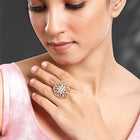 Regal Radiance Statement CZ Ring by Peora. Rose gold-plating adjustable ring, geometric floral pattern with cubic zirconia.