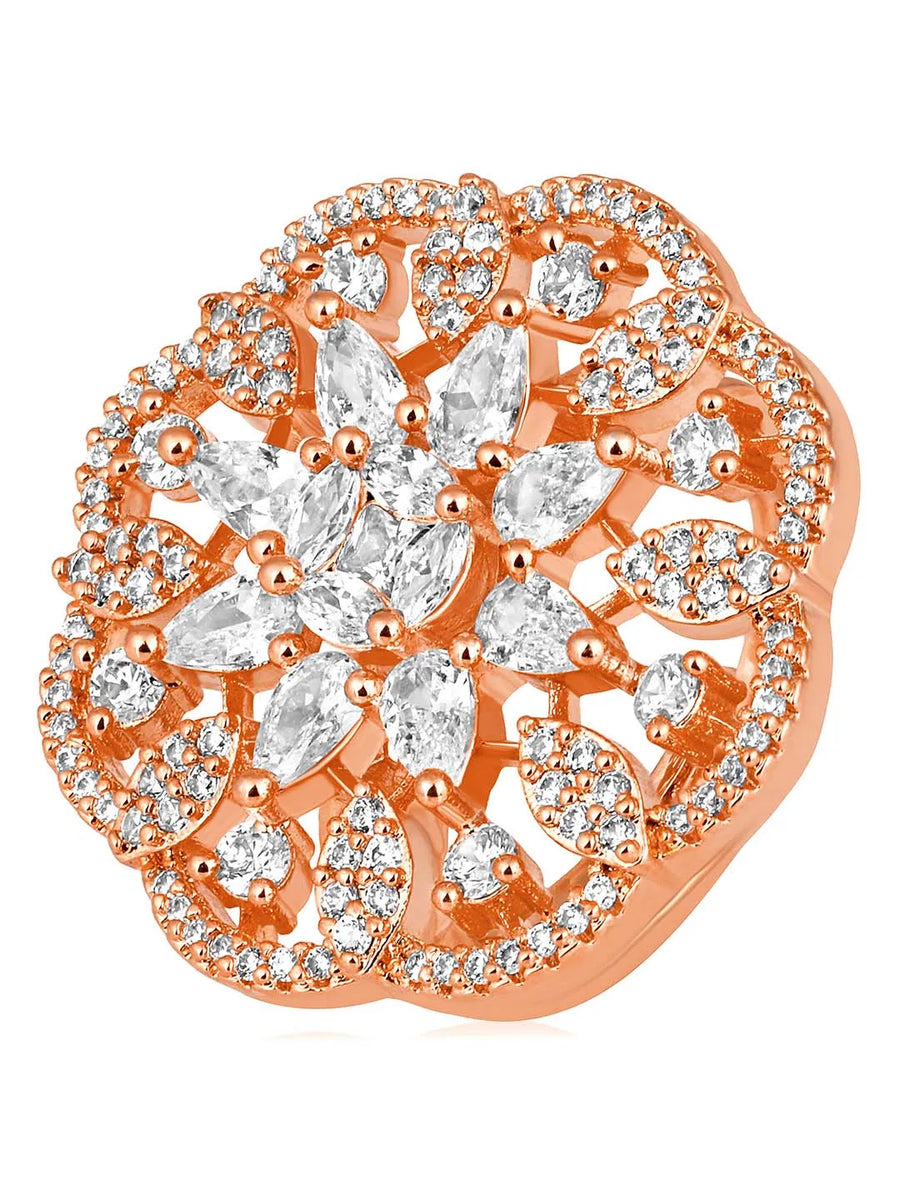 Regal Radiance Statement CZ Ring by Peora. Rose gold-plating adjustable ring, geometric floral pattern with cubic zirconia.