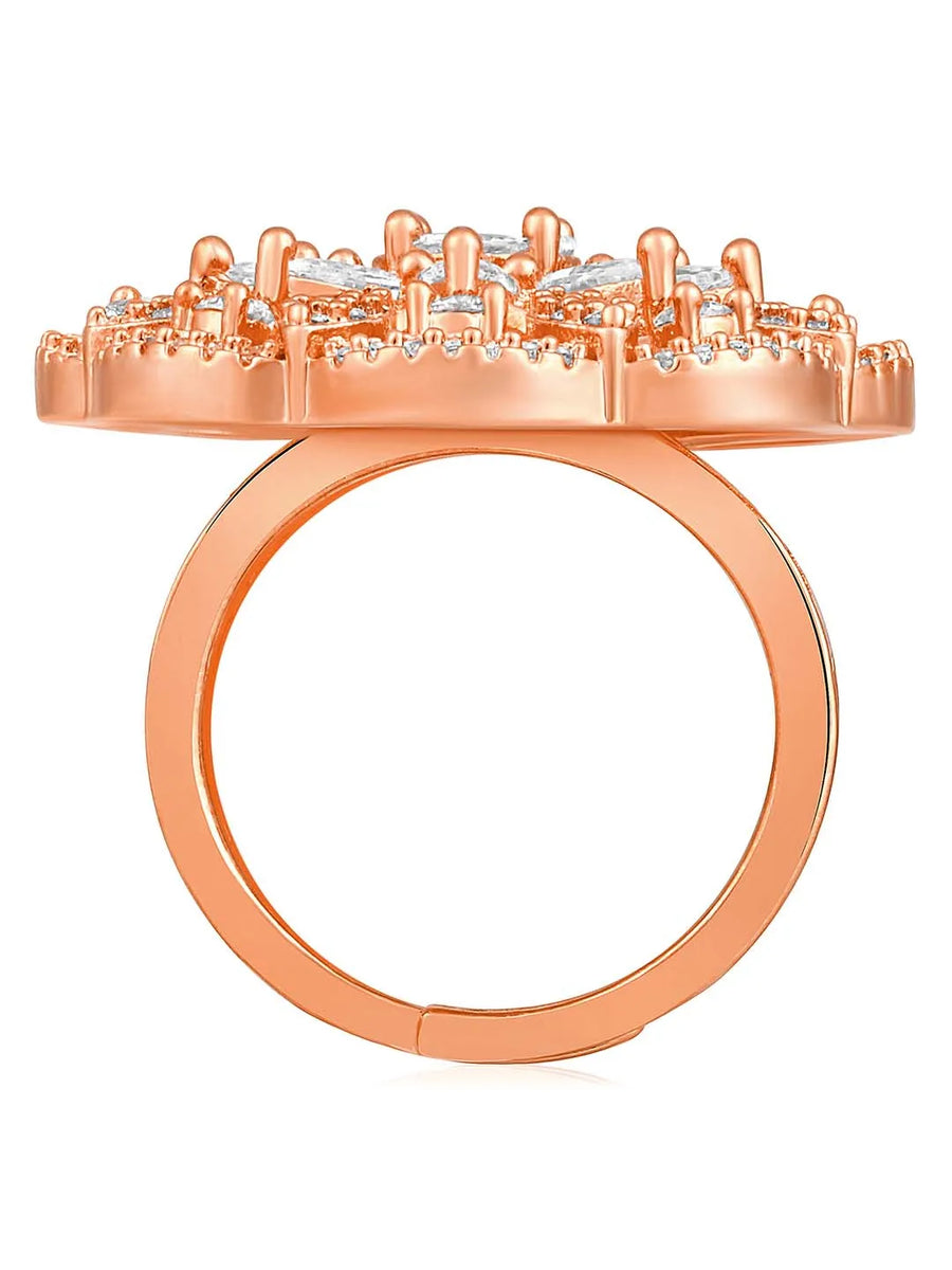 Regal Radiance Statement CZ Ring by Peora. Rose gold-plating adjustable ring, geometric floral pattern with cubic zirconia.