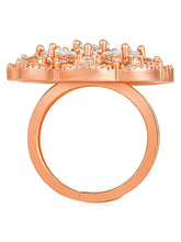 Regal Radiance Statement CZ Ring by Peora. Rose gold-plating adjustable ring, geometric floral pattern with cubic zirconia.