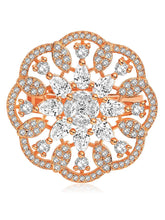 Regal Radiance Statement CZ Ring by Peora. Rose gold-plating adjustable ring, geometric floral pattern with cubic zirconia.