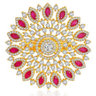 Bold Radiant Statement CZ Ring by Peora. Gold-Plated Adjustable ring with cubic zirconia in a radiant pattern, central larger crystal surrounded by smaller crystals in red.