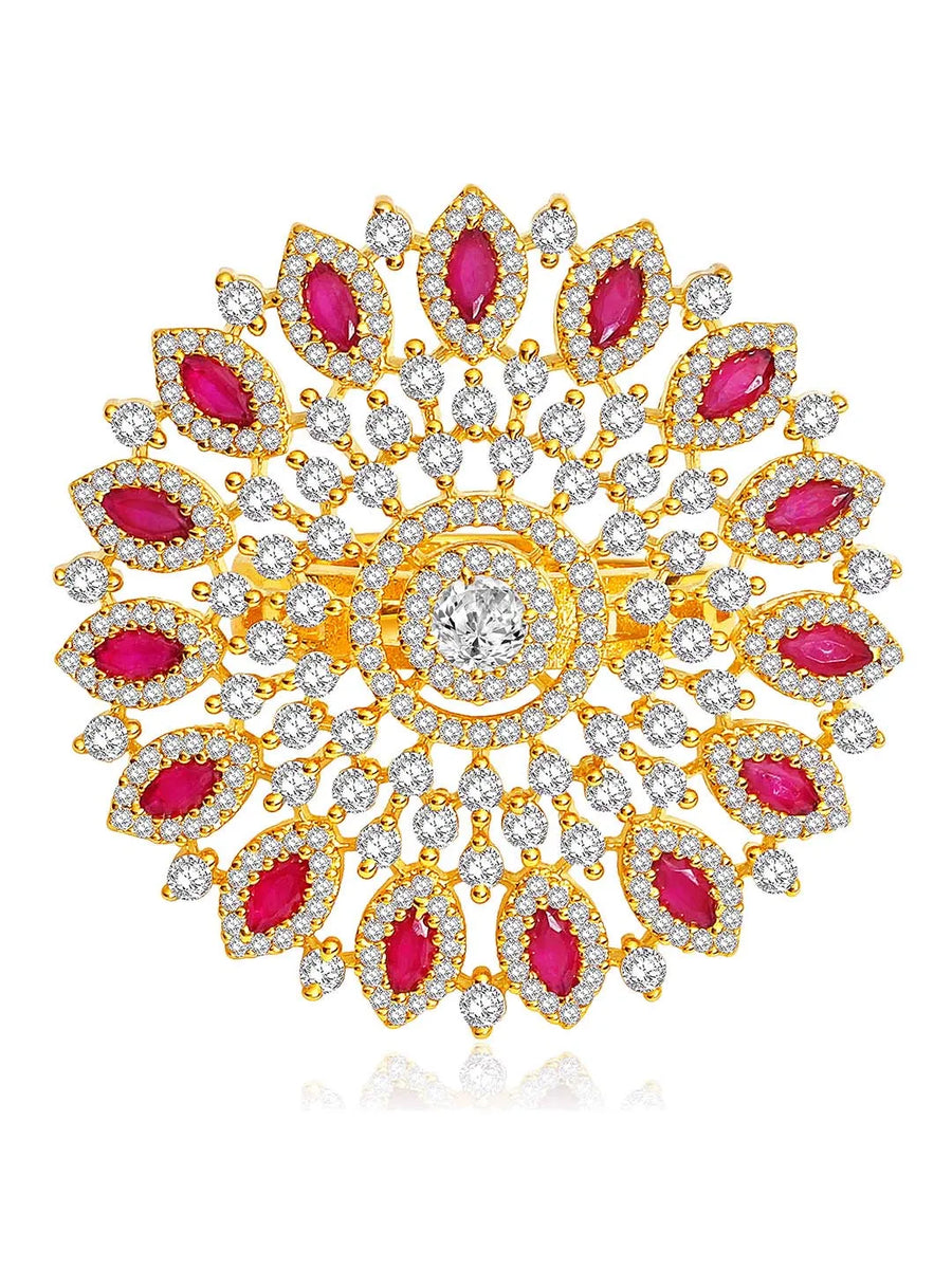 Bold Radiant Statement CZ Ring by Peora. Gold-Plated Adjustable ring with cubic zirconia in a radiant pattern, central larger crystal surrounded by smaller crystals in red.