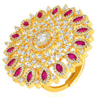 Bold Radiant Statement CZ Ring by Peora. Gold-Plated Adjustable ring with cubic zirconia in a radiant pattern, central larger crystal surrounded by smaller crystals in red.