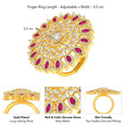 Bold Radiant Statement CZ Ring by Peora. Gold-Plated Adjustable ring with cubic zirconia in a radiant pattern, central larger crystal surrounded by smaller crystals in red.