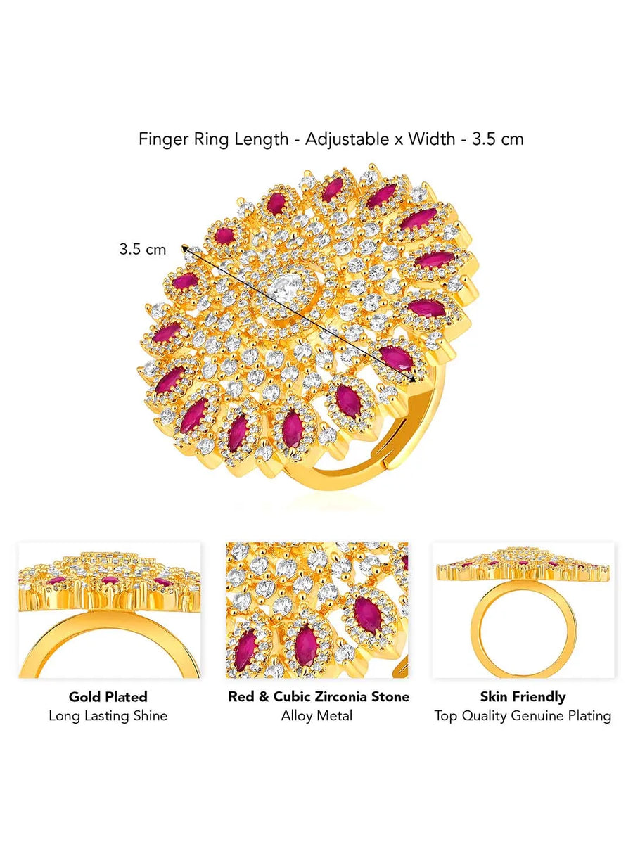 Bold Radiant Statement CZ Ring by Peora. Gold-Plated Adjustable ring with cubic zirconia in a radiant pattern, central larger crystal surrounded by smaller crystals in red.