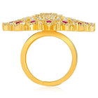 Bold Radiant Statement CZ Ring by Peora. Gold-Plated Adjustable ring with cubic zirconia in a radiant pattern, central larger crystal surrounded by smaller crystals in red.