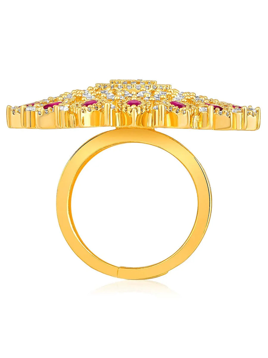 Bold Radiant Statement CZ Ring by Peora. Gold-Plated Adjustable ring with cubic zirconia in a radiant pattern, central larger crystal surrounded by smaller crystals in red.