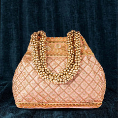 Peach Beaded Handle Embroidered Potli Bag