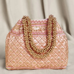 Pink Beaded Handle Embroidered Potli Bag