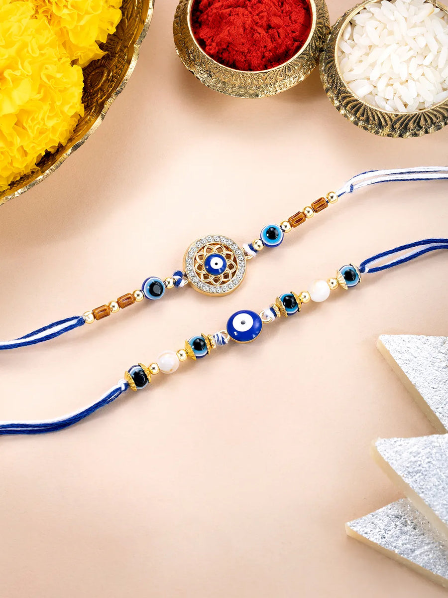 Close-up of Silver Evil Eye Rudraksh Rakhi featuring light blue thread, nan work, and rhodium plating – ideal for Raksha Bandhan | Peora
