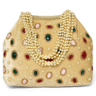 Gold potli bag named Embellished Ethnic Potli with Pearls, featuring faux emerald detailing and soft fabric texture | Peora
