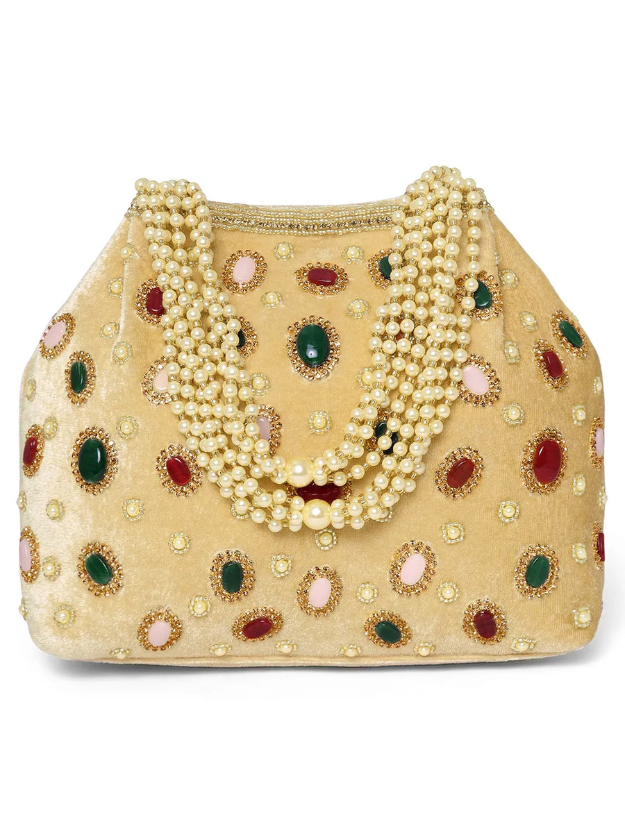 Gold potli bag named Embellished Ethnic Potli with Pearls, featuring faux emerald detailing and soft fabric texture | Peora
