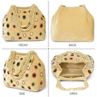 Gold potli bag named Embellished Ethnic Potli with Pearls, featuring faux emerald detailing and soft fabric texture | Peora
