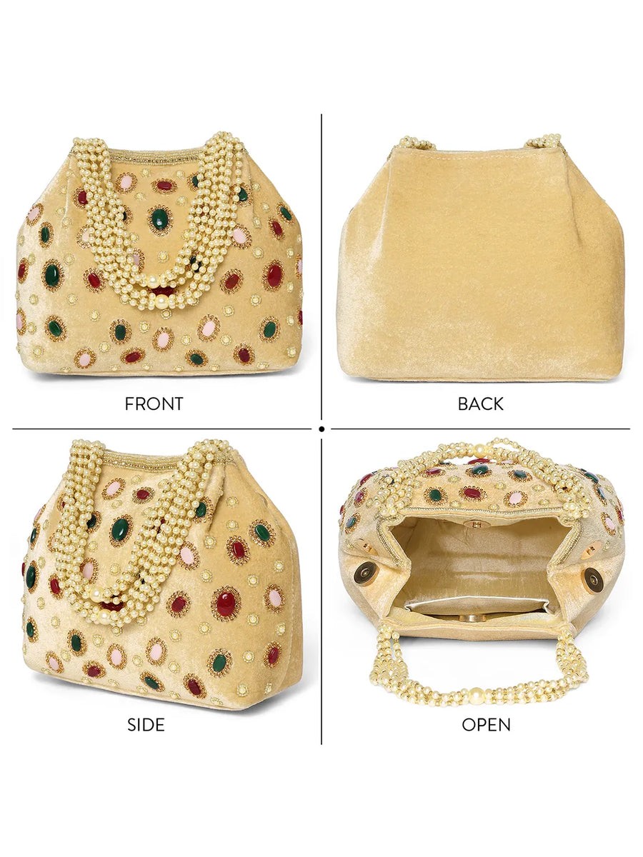 Gold potli bag named Embellished Ethnic Potli with Pearls, featuring faux emerald detailing and soft fabric texture | Peora

