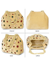 Gold potli bag named Embellished Ethnic Potli with Pearls, featuring faux emerald detailing and soft fabric texture | Peora
