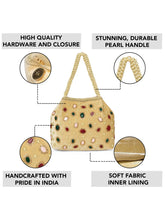 Gold potli bag named Embellished Ethnic Potli with Pearls, featuring faux emerald detailing and soft fabric texture | Peora
