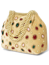 Gold potli bag named Embellished Ethnic Potli with Pearls, featuring faux emerald detailing and soft fabric texture | Peora
