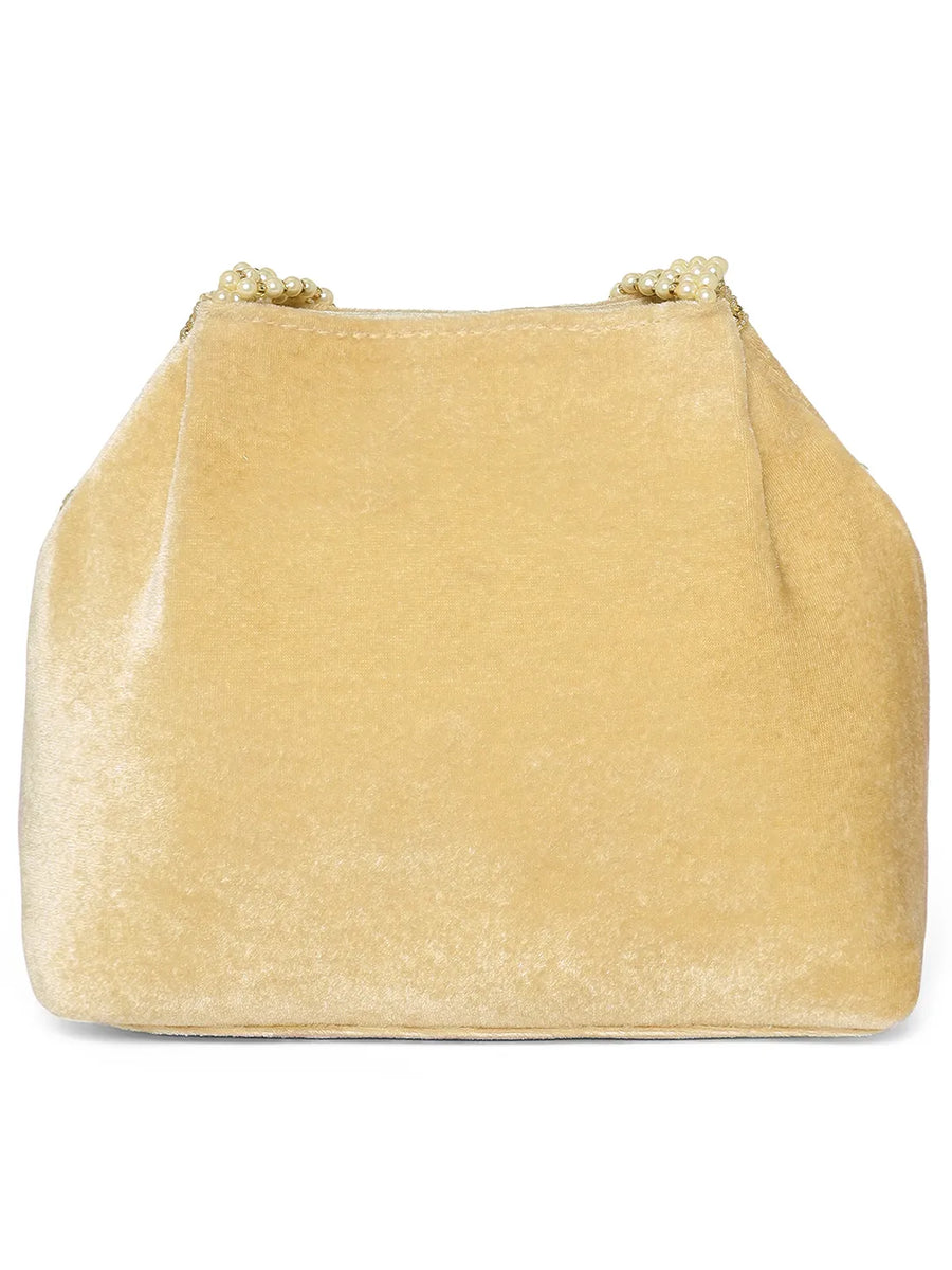Gold potli bag named Embellished Ethnic Potli with Pearls, featuring faux emerald detailing and soft fabric texture | Peora
