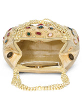 Gold potli bag named Embellished Ethnic Potli with Pearls, featuring faux emerald detailing and soft fabric texture | Peora
