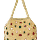 Gold potli bag named Embellished Ethnic Potli with Pearls, featuring faux emerald detailing and soft fabric texture | Peora
