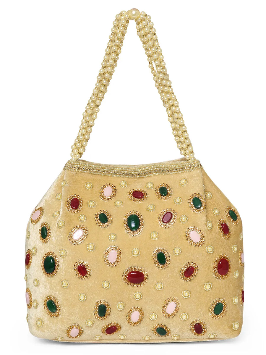 Gold potli bag named Embellished Ethnic Potli with Pearls, featuring faux emerald detailing and soft fabric texture | Peora
