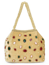 Gold potli bag named Embellished Ethnic Potli with Pearls, featuring faux emerald detailing and soft fabric texture | Peora
