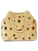 Gold potli bag named Embellished Ethnic Potli with Pearls, featuring faux emerald detailing and soft fabric texture | Peora
