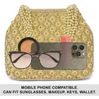 Gold potli bag named Vintage Pearl Embellished Potli, featuring faux pearl detailing and soft fabric texture | Peora
