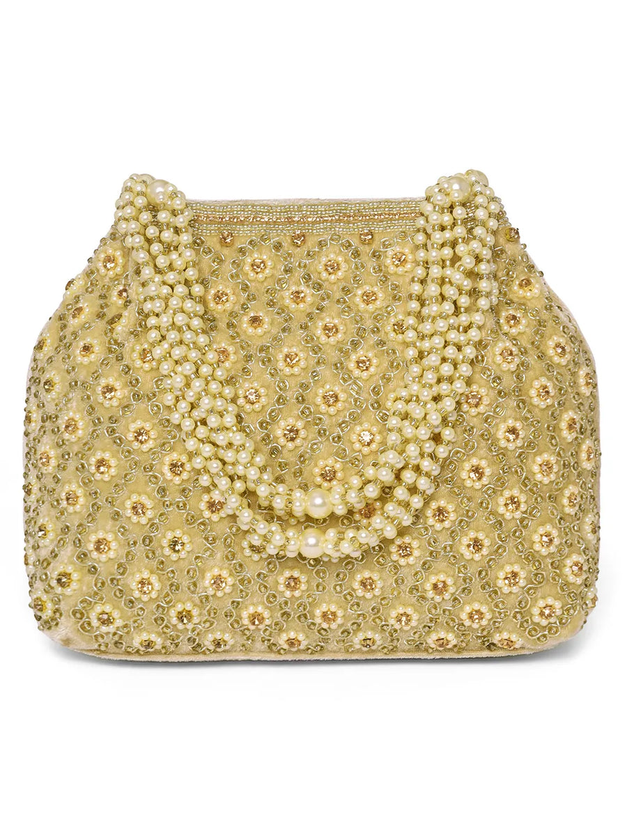Gold potli bag named Vintage Pearl Embellished Potli, featuring faux pearl detailing and soft fabric texture | Peora

