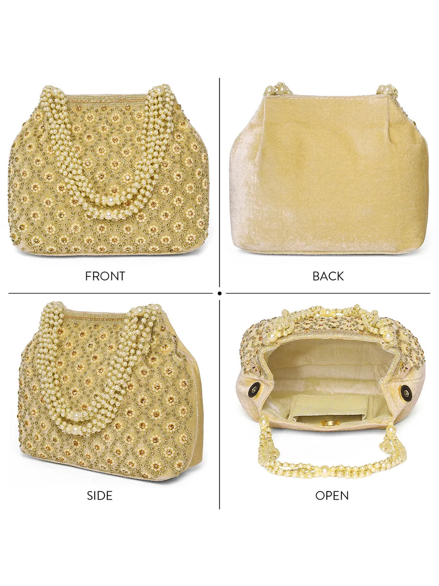 Gold potli bag named Vintage Pearl Embellished Potli, featuring faux pearl detailing and soft fabric texture | Peora
