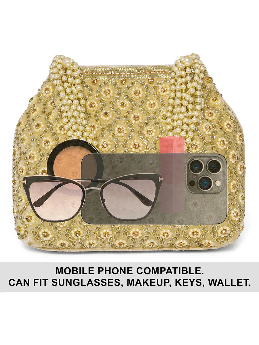 Gold potli bag named Vintage Pearl Embellished Potli, featuring faux pearl detailing and soft fabric texture | Peora
