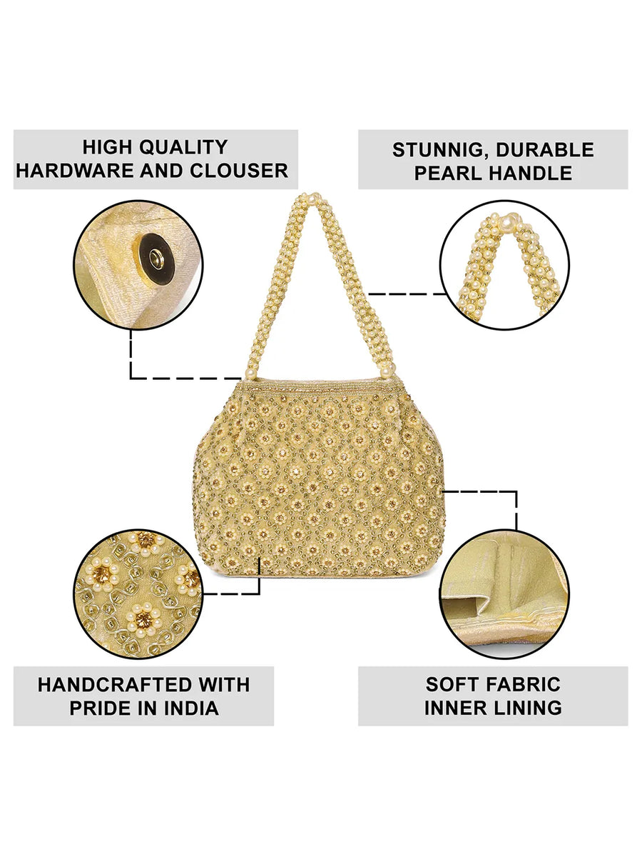 Gold potli bag named Vintage Pearl Embellished Potli, featuring faux pearl detailing and soft fabric texture | Peora
