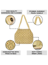 Gold potli bag named Vintage Pearl Embellished Potli, featuring faux pearl detailing and soft fabric texture | Peora
