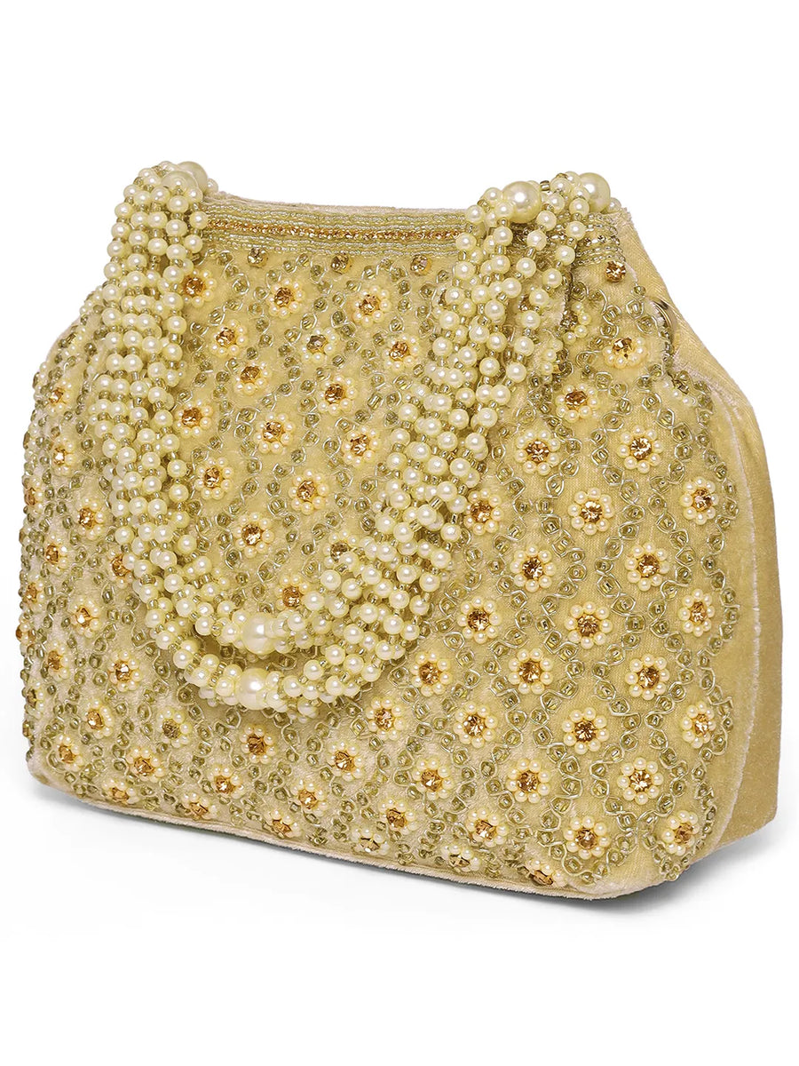 Gold potli bag named Vintage Pearl Embellished Potli, featuring faux pearl detailing and soft fabric texture | Peora
