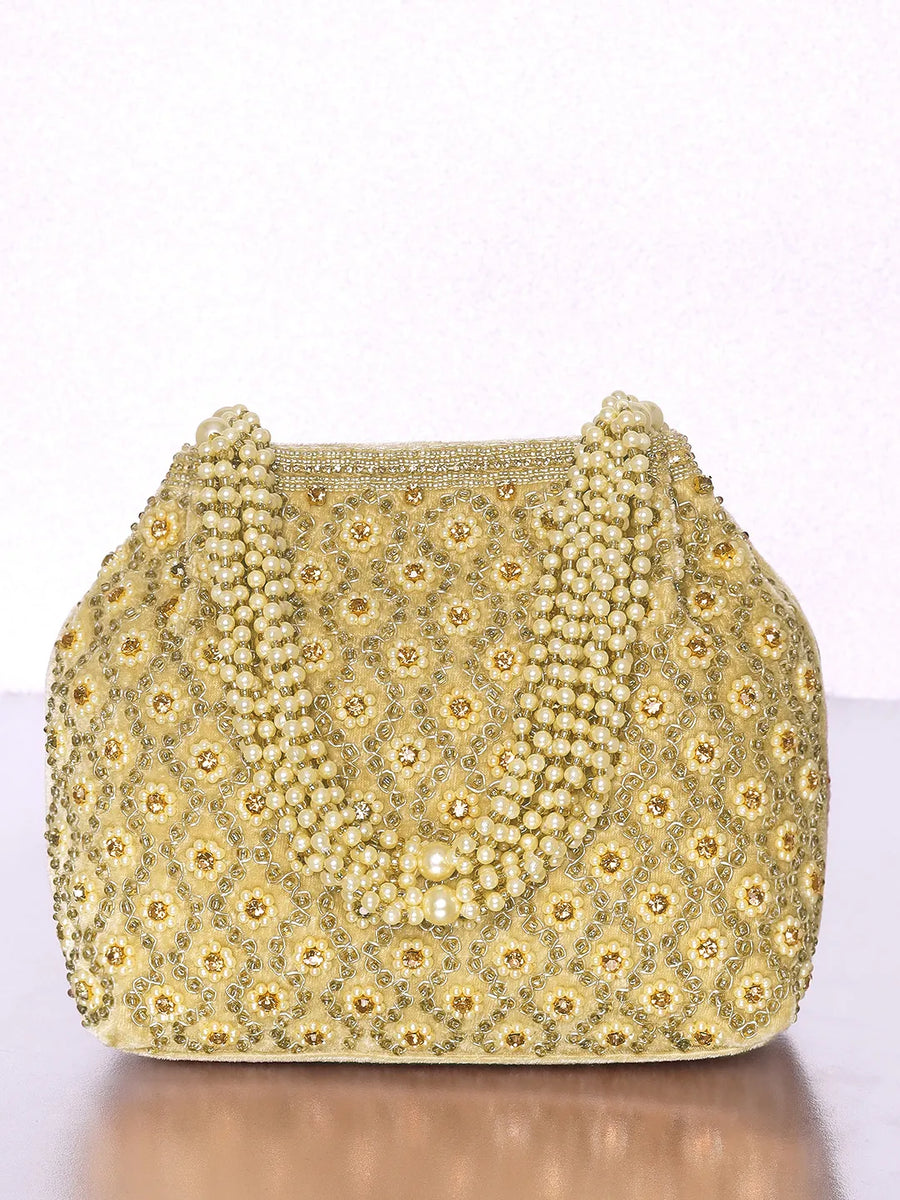 Gold potli bag named Vintage Pearl Embellished Potli, featuring faux pearl detailing and soft fabric texture | Peora
