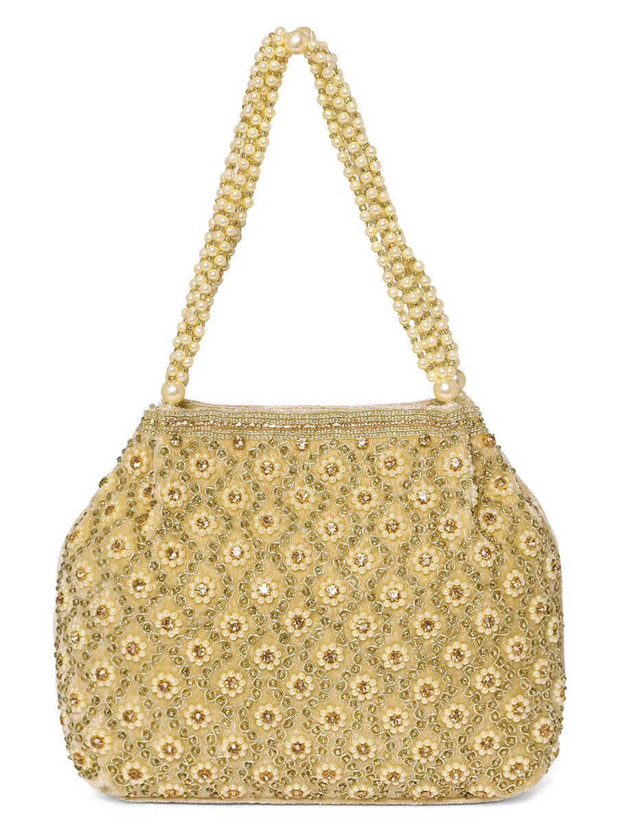 Gold potli bag named Vintage Pearl Embellished Potli, featuring faux pearl detailing and soft fabric texture | Peora
